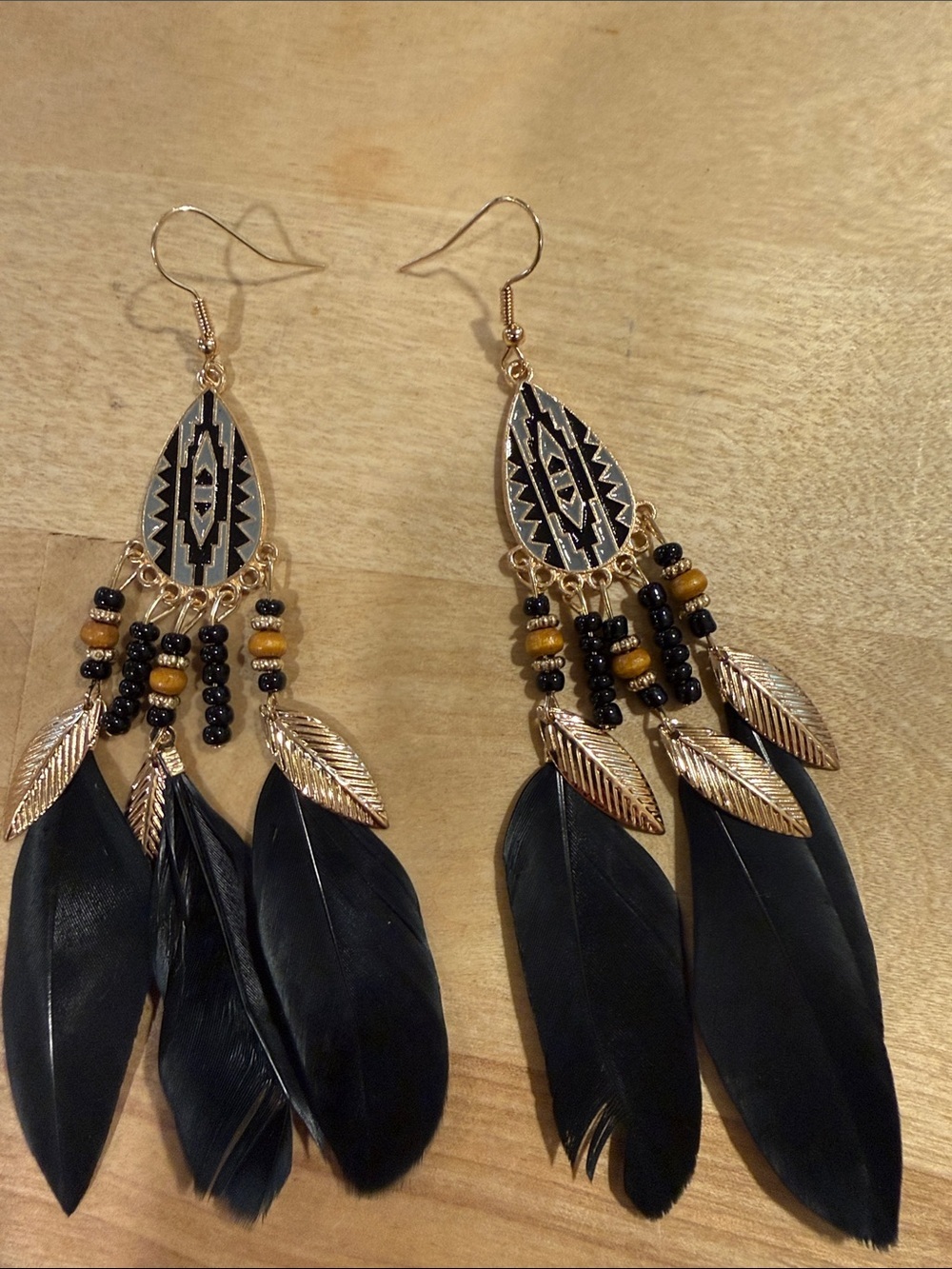 Gold Tone and Black Feather Drop Earrings - Tribal Bead Dangles